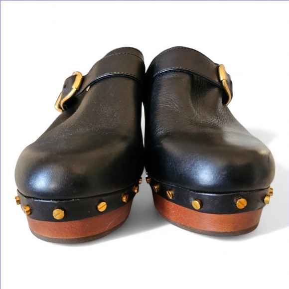 Veronica Beard Black Leather Wood-Block Clogs with Gold Buckle 8.5 - Picture 4 of 7